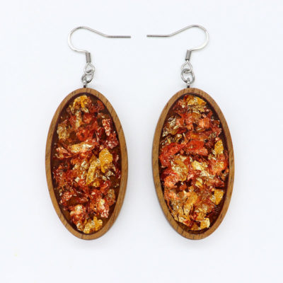 Resin earrings,oval with precious gold copper leaf and wooden bezel