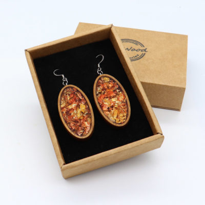 Resin earrings, oval with gold copper leaf and wooden bezel