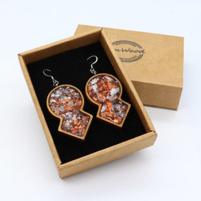 Resin earrings, rounds to rhombus with copper silver leaf and wooden bezel