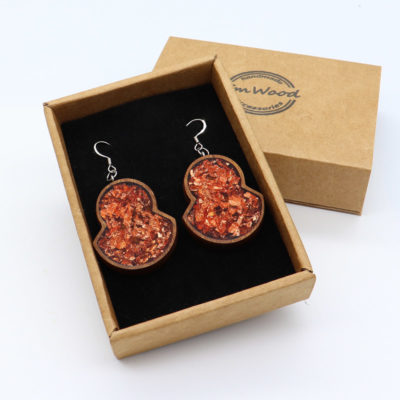 Resin earrings, double rounds with copper leaf and wooden bezel