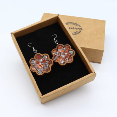 Resin earrings, flowers with copper silver leaf and wooden bezel