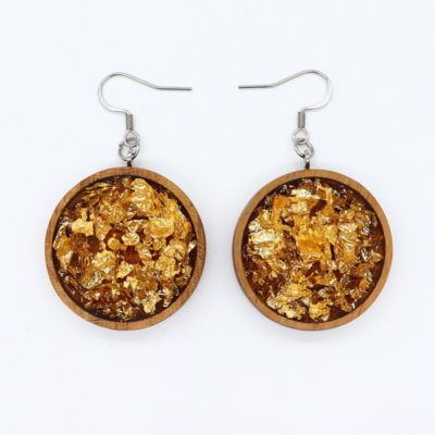 Resin earrings, rounds with precious gold leaf and wooden bezel