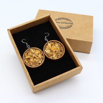 Resin earrings, rounds with gold leaf and wooden bezel