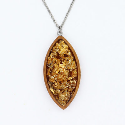 Resin necklace small, leaves design with precious gold leaf and wooden bezel