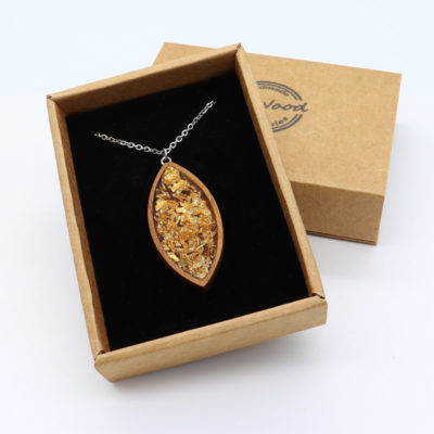 Resin necklace small, leaves design with precious gold leaf and wooden bezel