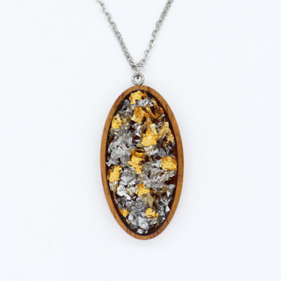Resin necklace small, oval design with precious gold silver leaf and wooden bezel