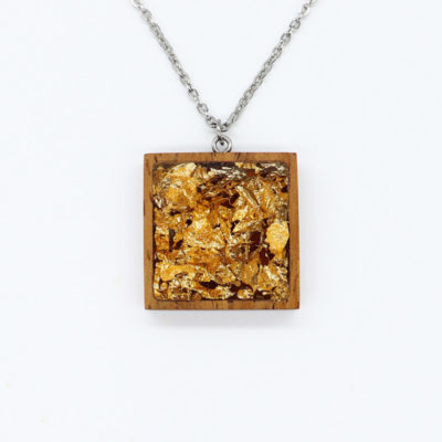 Resin necklace small, square design with precious gold leaf and wooden bezel