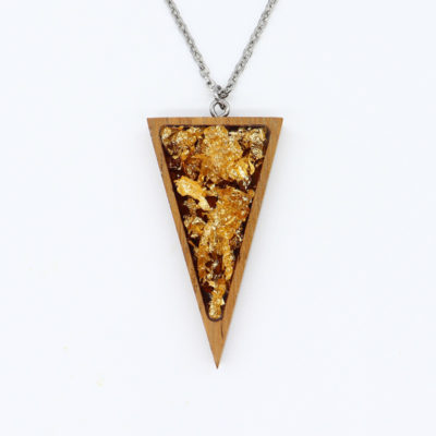 Resin necklace small, triangle design with precious gold leaf and wooden bezel