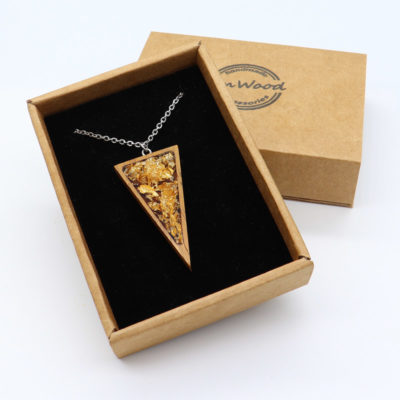 Resin necklace small, triangle design with precious gold leaf and wooden bezel