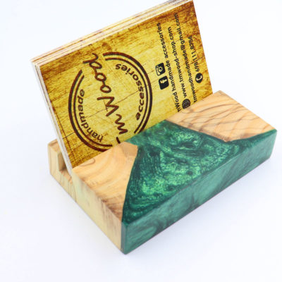 Business card holder from green resin and olive wood 3