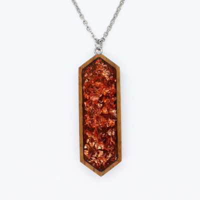Resin necklace small, straight pointed design with precious copper leaf and wooden bezel