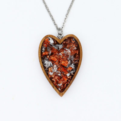 Resin necklace small, heart design with precious copper silver leaf and wooden bezel