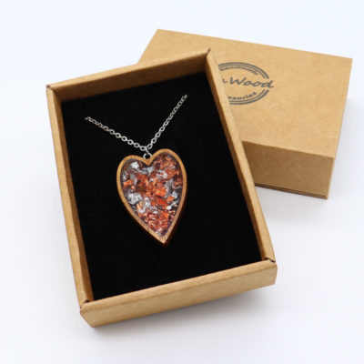 Resin necklace small, heart design with precious copper silver leaf and wooden bezel