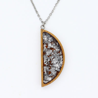 Resin necklace small,crescent moon design with precious silver leaf and wooden bezel