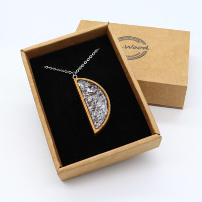 Resin necklace small, crescent moon design with precious silver leaf and wooden bezel