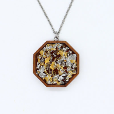 Resin necklace small, polygon design with precious gold silver leaf and wooden bezel