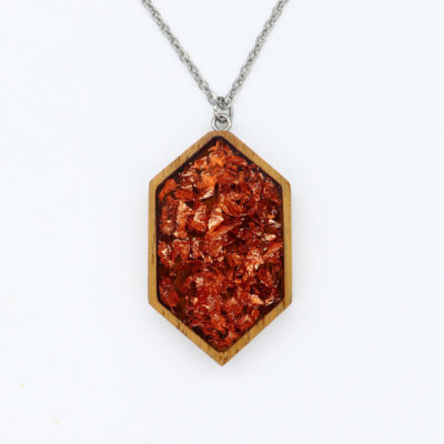 Resin necklace small, long rhombus design with precious copper leaf and wooden bezel