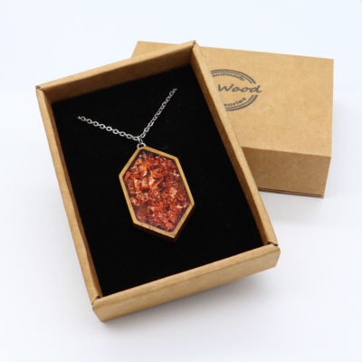 Resin necklace small,long rhombus design with precious copper leaf and wooden bezel