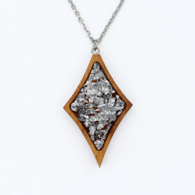 Resin necklace small, rhombus design with precious silver leaf and wooden bezel