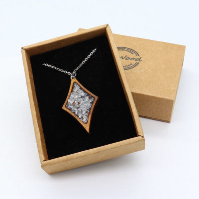 Resin necklace small, rhombus design with precious silver leaf and wooden bezel