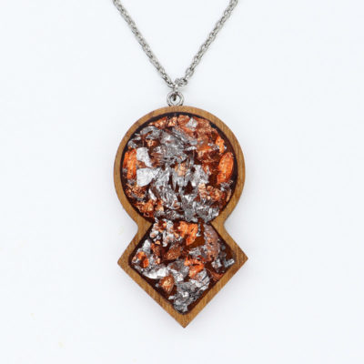 Resin necklace small, round to rhombus design with precious copper silver leaf and wooden bezel