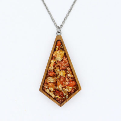 Resin necklace small, triangular rhombus design with precious gold copper leaf and wooden bezel