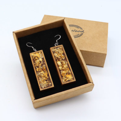 Resin earrings, straight with gold leaf and wooden bezel