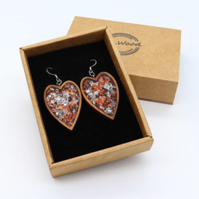 Resin earrings, hearts with copper silver leaf and wooden bezel