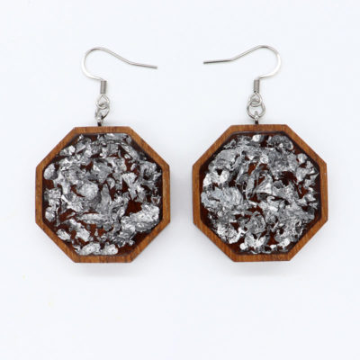 Resin earrings, polygons with precious silver leaf and wooden bezel