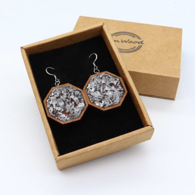 Resin earrings,polygons with silver leaf and wooden bezel