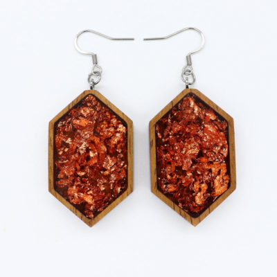 Resin earrings, long rhombus with precious copper leaf and wooden bezel