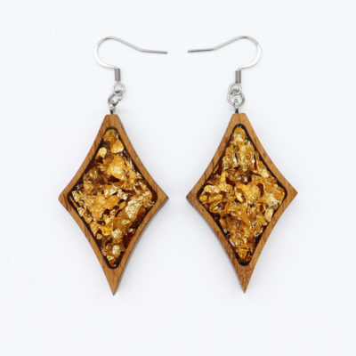 Resin earrings, triangles with precious gold leaf and wooden bezel