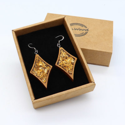Resin earrings, triangles with gold leaf and wooden bezel
