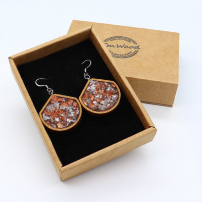 Resin earrings, rounds protrusion with copper silver leaf and wooden bezel