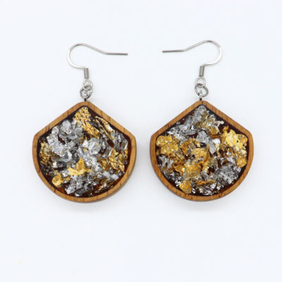 Resin earrings, rounds protrusion with precious gold silver leaf and wooden bezel