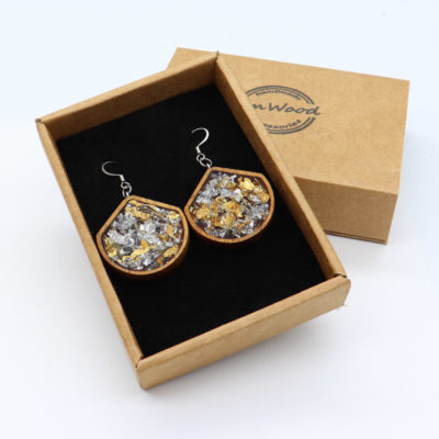 Resin earrings,rounds protrusion with gold silver leaf and wooden bezel