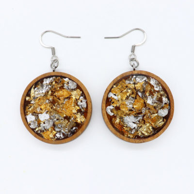 Resin earrings, rounds with precious gold silver leaf and wooden bezel