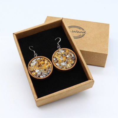 Resin earrings, rounds with gold silver leaf and wooden bezel