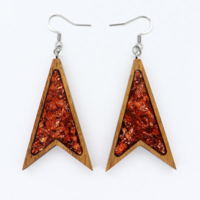 Resin earrings, triangles pointed with precious copper leaf and wooden bezel