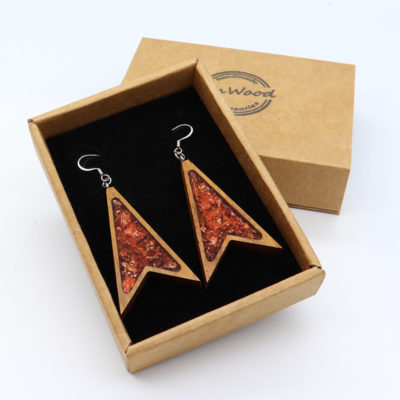Resin earrings, triangles pointed with copper leaf and wooden bezel