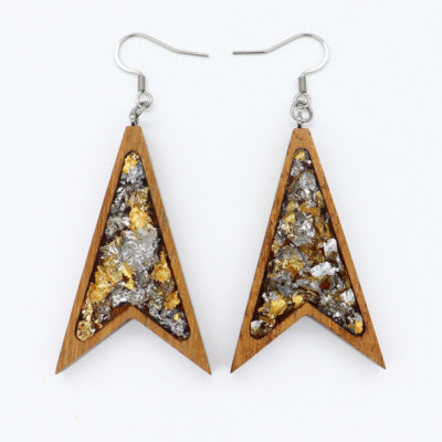 Resin earrings, triangles pointed with precious gold silver leaf and wooden bezel