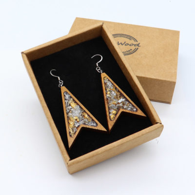 Resin earrings, triangles pointed with gold silver leaf and wooden bezel